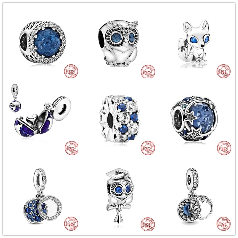 

2021 New 925 Sterling Silver Sky Blue Charm Fox Stars Moon Owl Beads Fit Original Pandora Charms Bracelet DIY Women Jewelry Gift