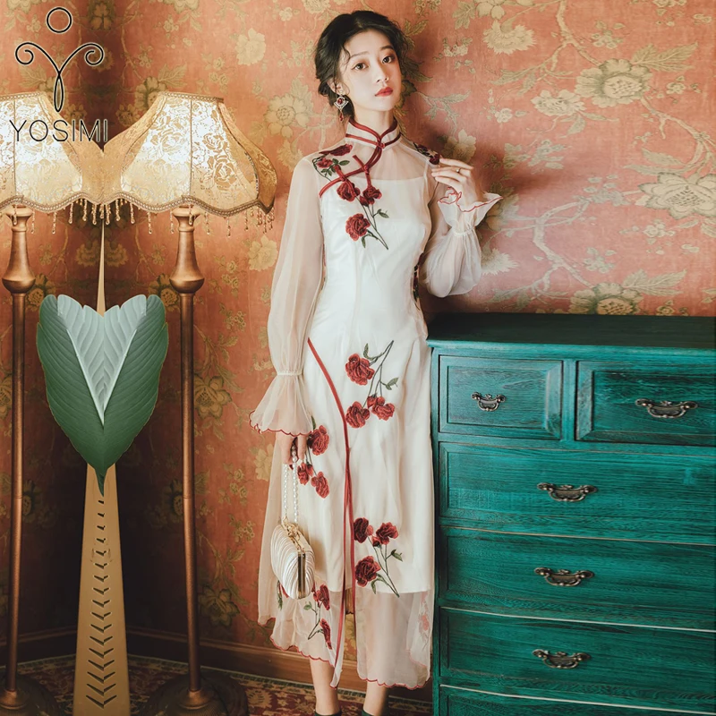 Женское длинное платье с цветочной вышивкой весна 2020 элегантное Сетчатое до