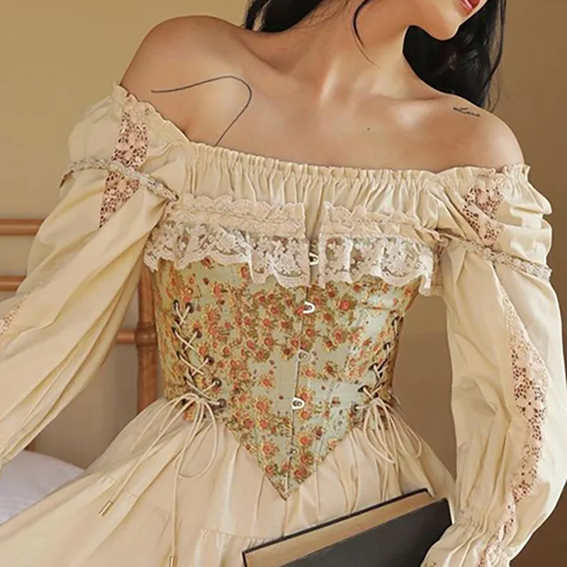 

2022 Women Fashion Floral Print Camisole Lace Trim Cross Tie-Up Cummerbunds Front Buckle Sling Vest Casual Corset Crop Tops Belt