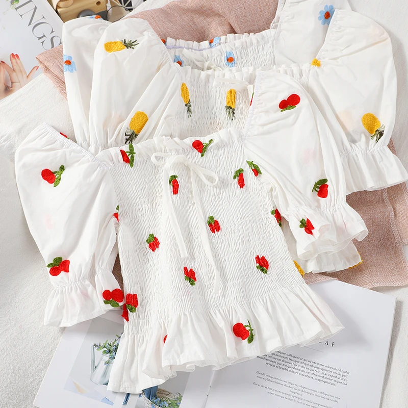 Женские топы с принтом вишни HELIAR летние открытыми плечами милые коротким рукавом