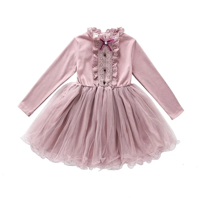New Girls Dresses 2pcs Sets Kids Autumn Clothes Pearl Denim Vest Long Sleeve Lace Princess Dress Bow Pink Children Outfits Size - Цвет: dress dark pink