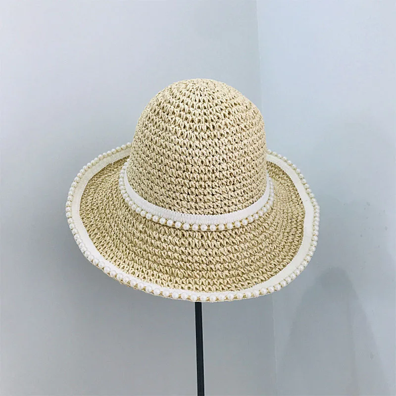 

Women's Summer Hat Bucket Hat Crochet Pearl Decoration Sun Protection Cap Female Dome Beach Hat Packable Sun Hats Straw Hat