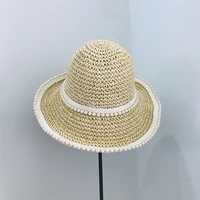womens summer hat bucket hat crochet pearl decoration sun protection cap female dome beach hat packable sun hats straw hat