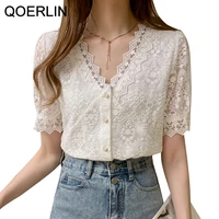 qoerlin lace hollow out shirts women plus size 2021 summer new korean v neck short sleeve blouse summer single breasted tops