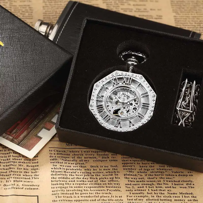 Silver with box Новинка, классические шестигранные Механические карманные часы, брелок, цепь, стимпанк, Римский циферблат, скелет, золотые полые стальные мужские карманные часы - Цвет: Silver with box