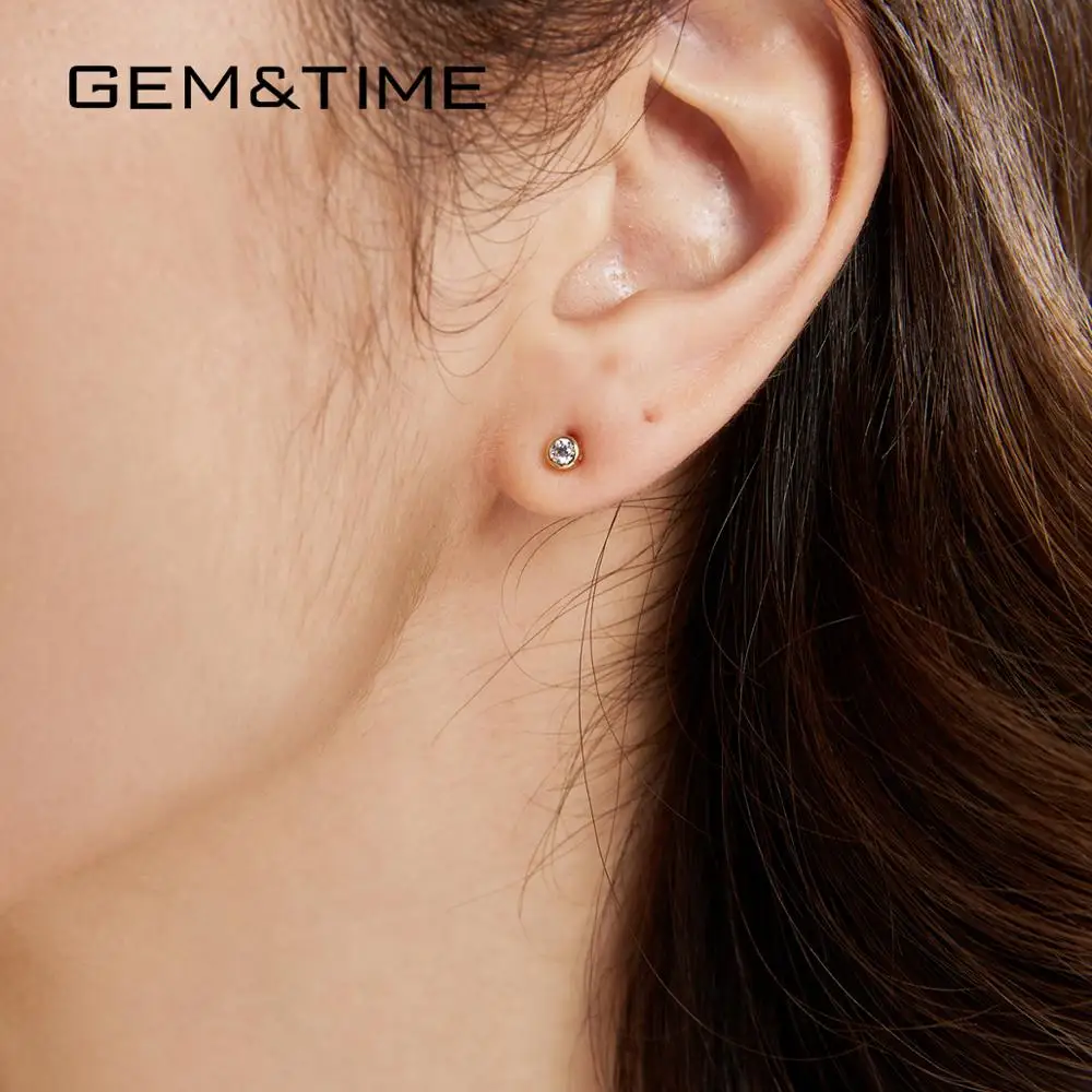 Gem&Time Solid 14k Gold Round Stud Earrings for Women Sunlight Birthstone Wedding Yellow Gold Au585 Fine Jewelry Brincos E14115