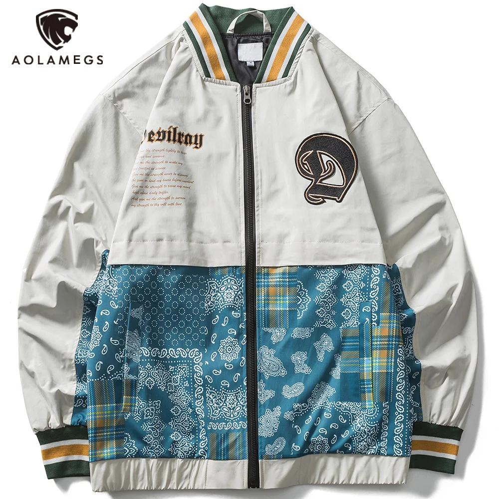 

Aolamegs Varsity Jackets Men Cashew Flowers Print Patchwork Bomber Coat Harajuku Loose Streetwear Vintage Baseball Jacket Autumn