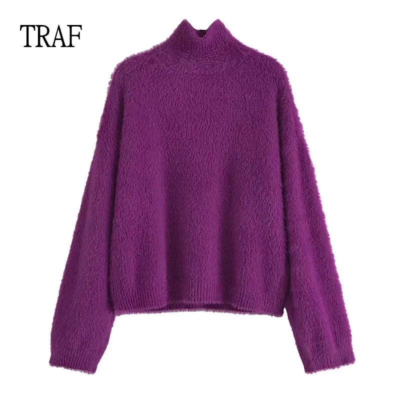 

TRAF Women 2022 Winter Solid Knit Sweater Top Woman Long Sleeves High Neck Vintage Female Purple Knitted Sweaters Pullover
