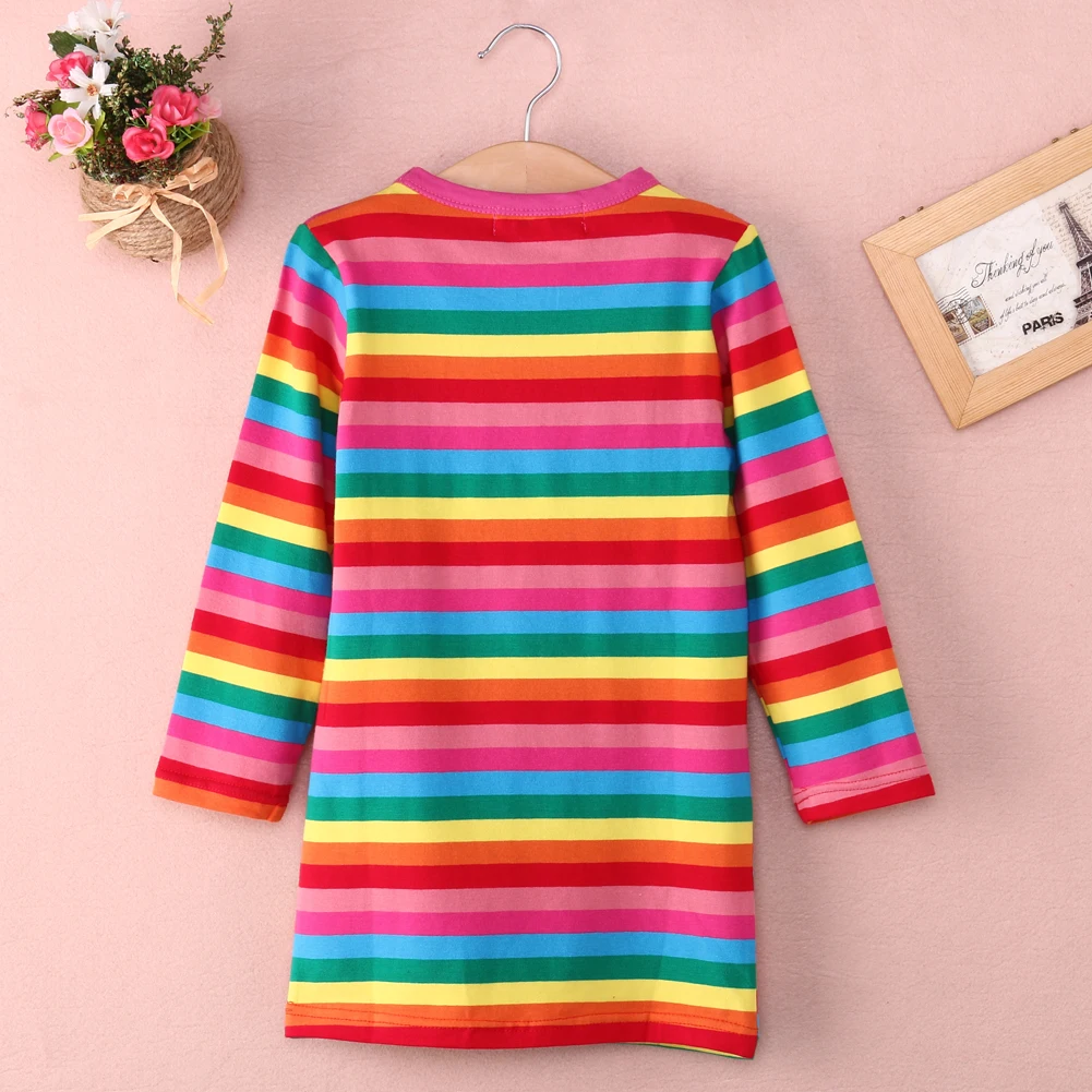 

Pudcoco 2020 Autumn 2-7Y Kids Baby Girl Cute Rainbow Color Striped Dresses Long Sleeve Dress Clothes Outfits Spring