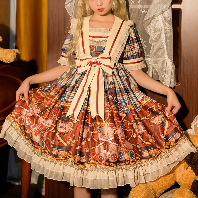 

Anbenser Lolita Style Dress Women Bear Party Printing Bowknot Costume Dress Song Sleeve Kawaii Loose Female Cute Sweet Mid Dress