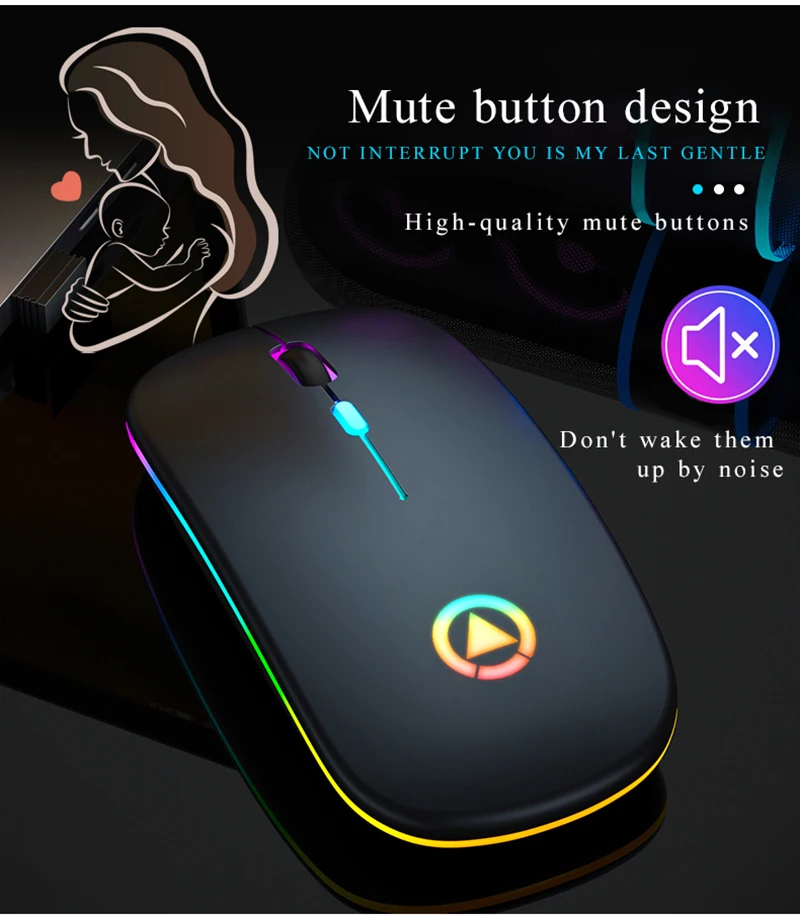 Wireless Mouse Silent 1600 DPI Ergonomic Mause Noiseless PC Mute Colorful Glowing Office Chargeable/battery | Компьютеры и офис