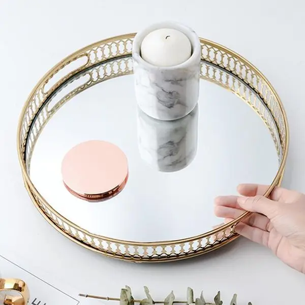 

Round Shape Gold Mirror Tray, Glass Cosmestic Jewelry Organizer Tray Decorative Tray for Storage Perfume,Trinket Etc