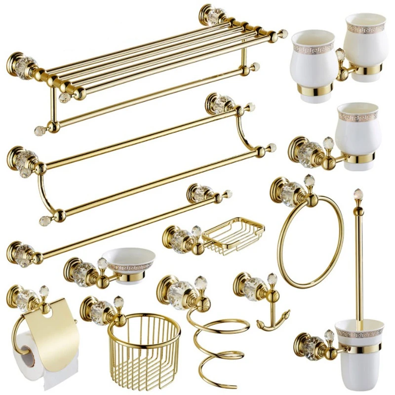 

Gold Crystal Towel Rack European Bathroom Hooks Hardware Suite Bathroom Brass Shower Basket Towel Ring Bathroom Accessories