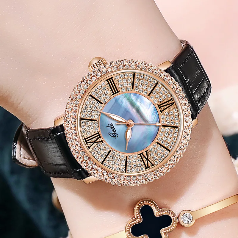 Korean fashion starry watch female leather belt mother-of-pearl dial waterproof watch enlarge