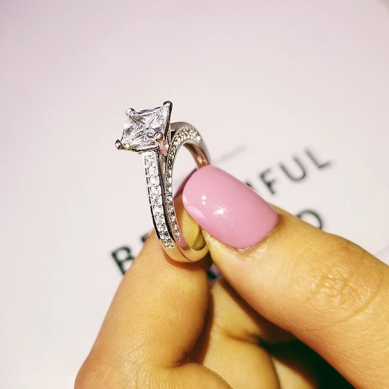 Однотонное поступление Настоящее серебро 925 пробы обручальное кольцо принцесса