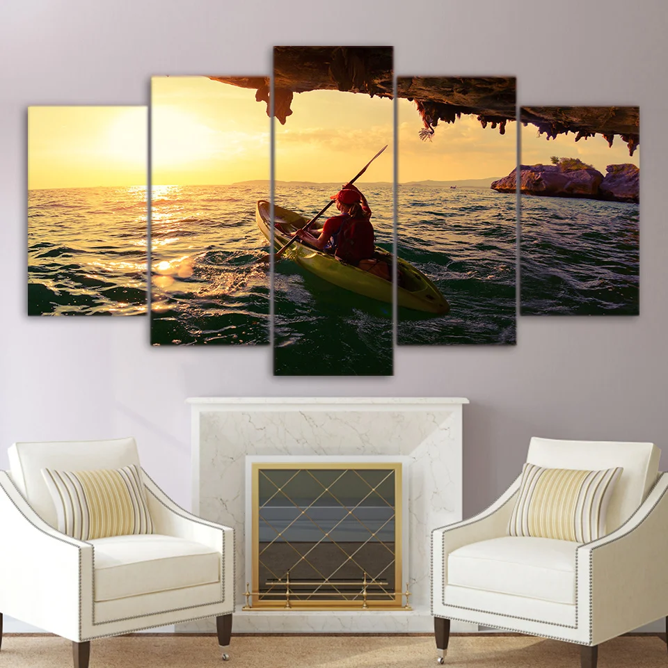 

Современные настенные художественные картины, постеры для украшения дома, 5 панелей, лодка, девушка, закат, рамка для гостиной, HD печатная Ка...