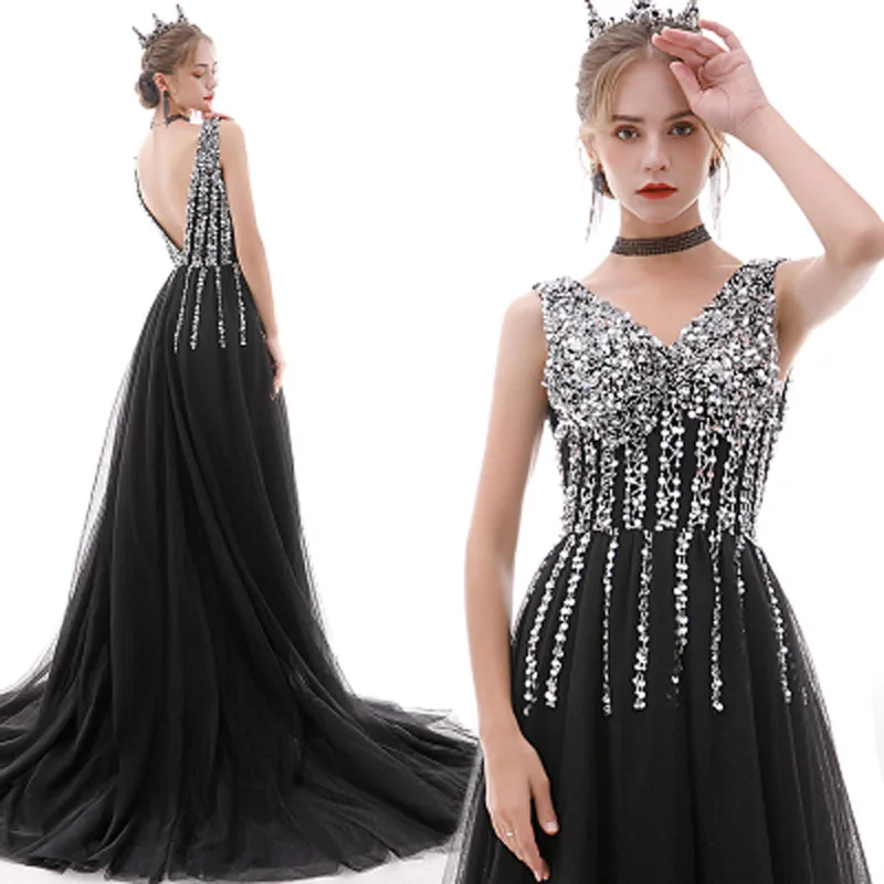 

2021 New Sexy V-Neck Beaded Sequin Split Banquet Evening Dress Long Birthday Party Banquet Dress