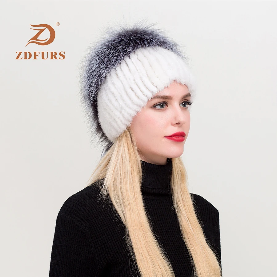 ZDFURS* горячая Распродажа модные зимние теплые женские вязаные шапки норковые шапки вертикальное плетение с лисьим мехом на верхней части