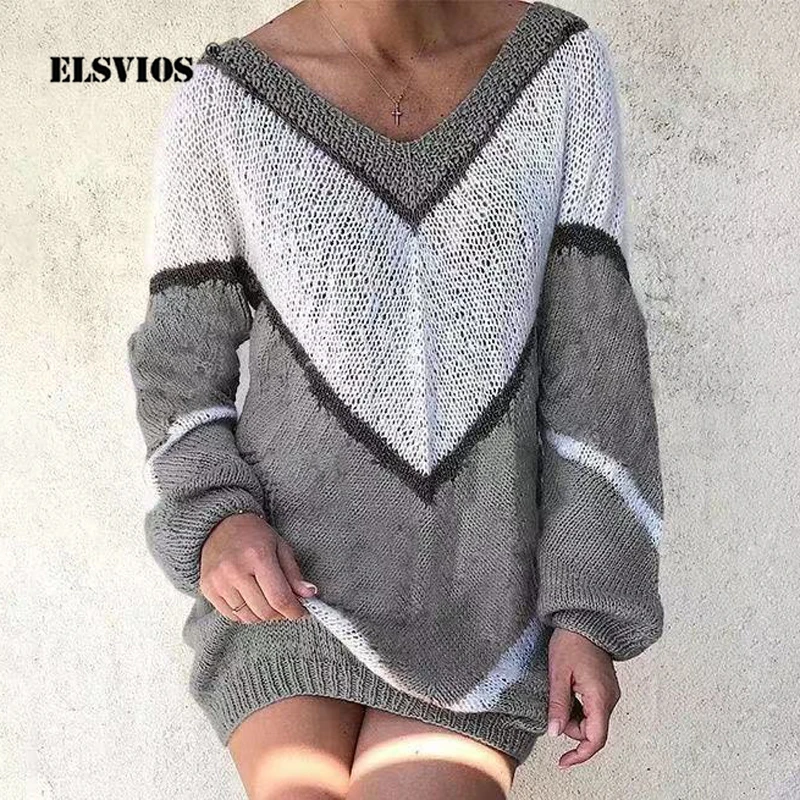 

ELSVIOS 2019 Женская Сексуальная туника с v-образным вырезом лоскутное вязаное платье осень-зима Свитер с длинными рукавами платье для женщин Свободные винтажные вечерние платья