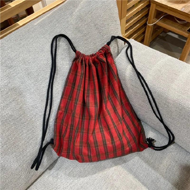 

New Cotton Drawstring Backpack Bag Travel Beach Sack Bag Portable Casual String Sackpack Rucksacks Plaid Shopping Cinch Bag
