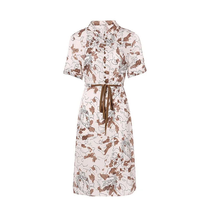 

Real silk dress printed waist tie elegant 2021 new silk skirt lady 89832