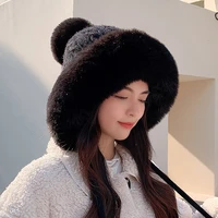 winter warm knitted hat fur women with earflap two balls lady outdoor thicken plush fluffy cap russian beanie s for