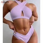 Новинка 2021, пикантный купальный костюм с лямкой на шее, женский купальный костюм из двух предметов с вырезами, Летний Пляжный комплект бикини, Бразильский купальный костюм пуш-ап