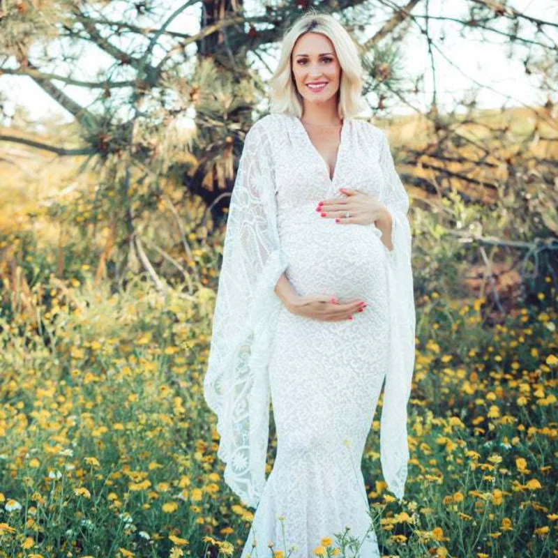 

2021 Summer Maternity Dress White Sexy Deep V-Neck Long Skirt Flared Sleeve Lace Perspective Dress for Photo Shoot S-XL