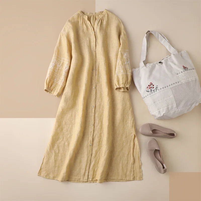 

Shuchan Yellow Linen Bohemian Dresses for Women 2021 Summer Embroidery Mid-Calf Straight Solid Wrist Sleeve