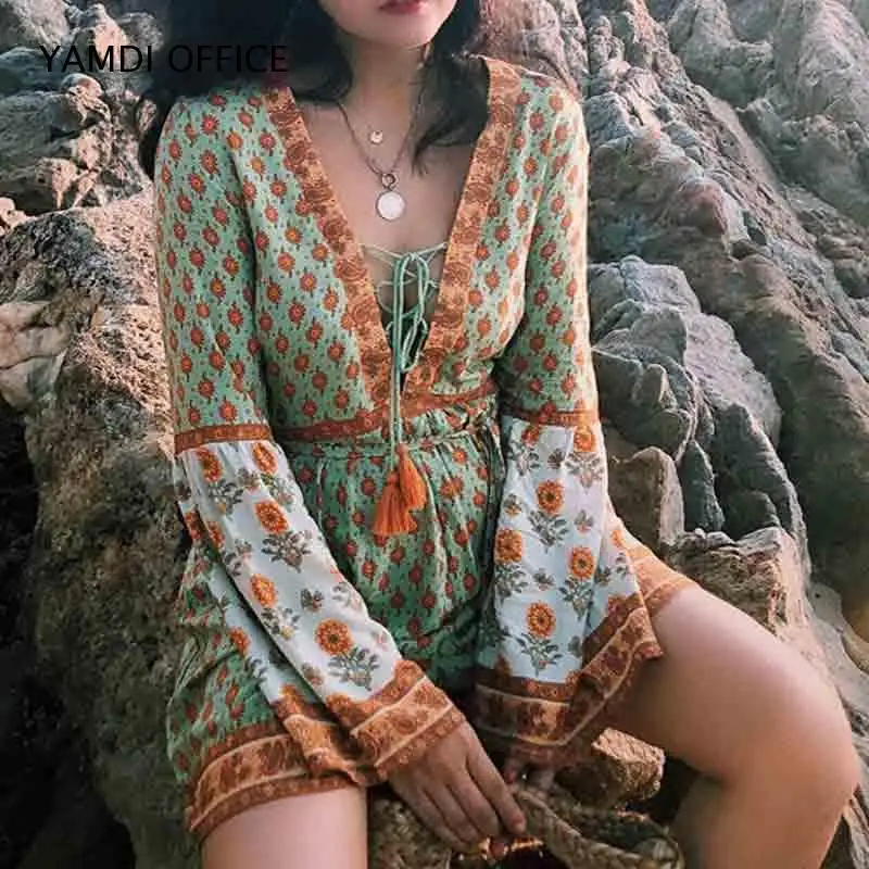 YAMDI осенний палантин комбинезон для женщин с цветочным принтом в винтажном стиле