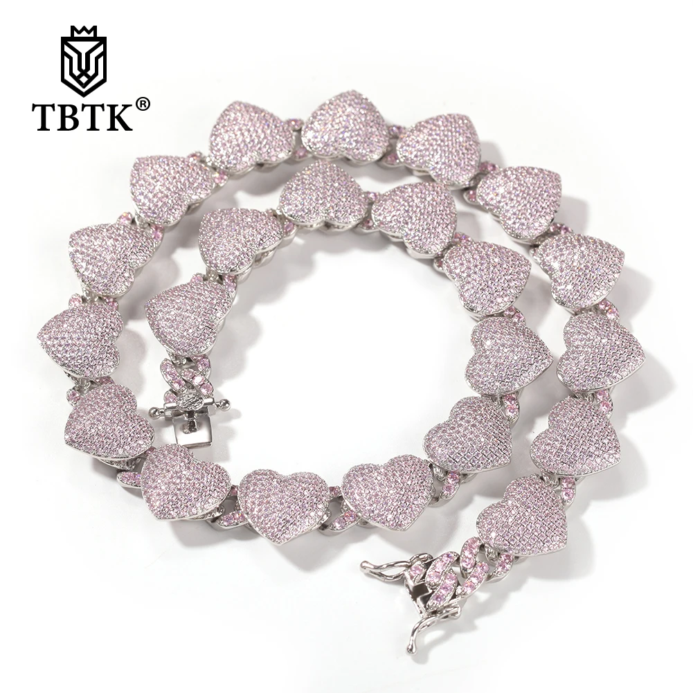 

TBTK 9mm Cuban Chain With Heart Iced Out CZ Bracelet Choker Necklace Full Cubic Zirconia Stones Chain Charm Hiphop Jewelry