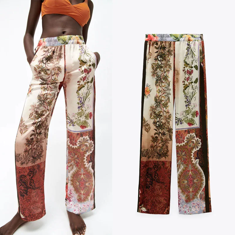 

Женские брюки с принтом Za, Винтажные эластичные брюки с высокой талией, с карманами, для пляжа и отпуска, летние, 2021