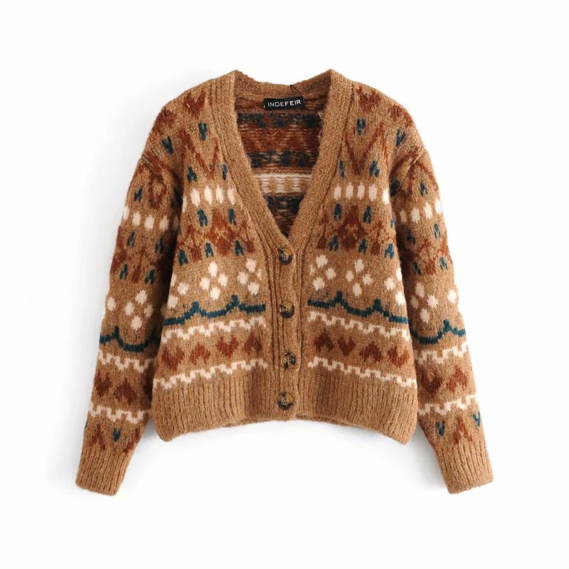 

Vogue Vintage Woman Loose Embroidery V Neck Knitted Cardigan Autumn Fashion Ladies Patchwork Sweaters Female Oversized Knitwear