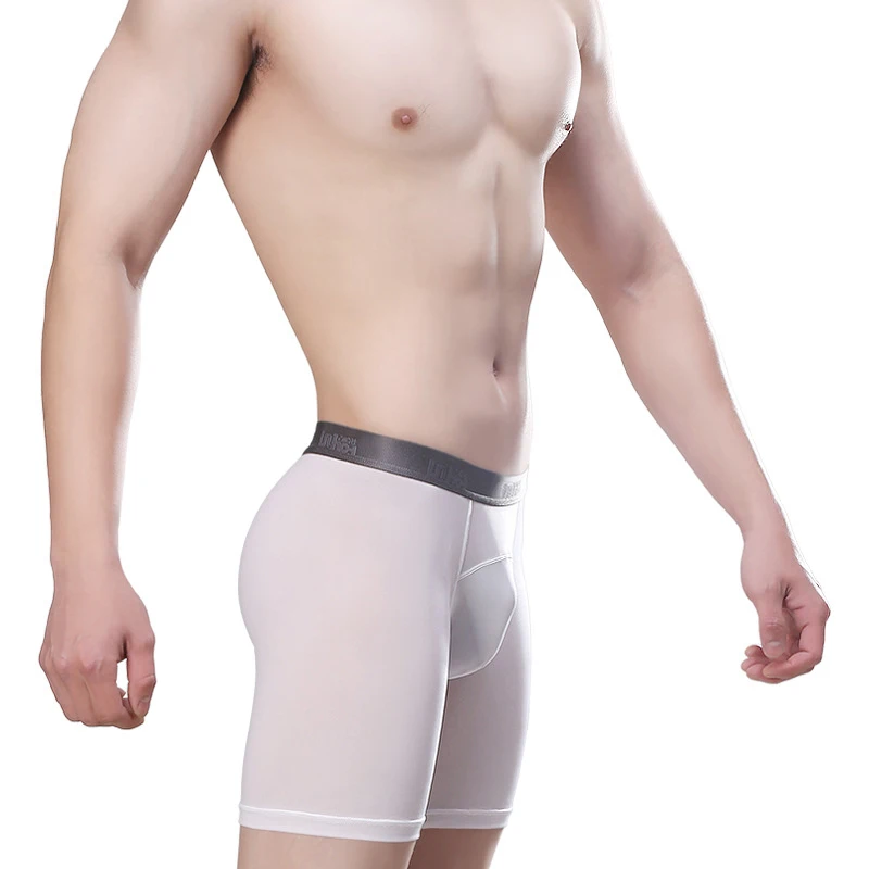 

Men Underwear Ice Silk Leg Shorts Elasticity Anti Wear Long Boxer Translucent Pouch Sexy Shaping Thin Silky Wide Silver Belt