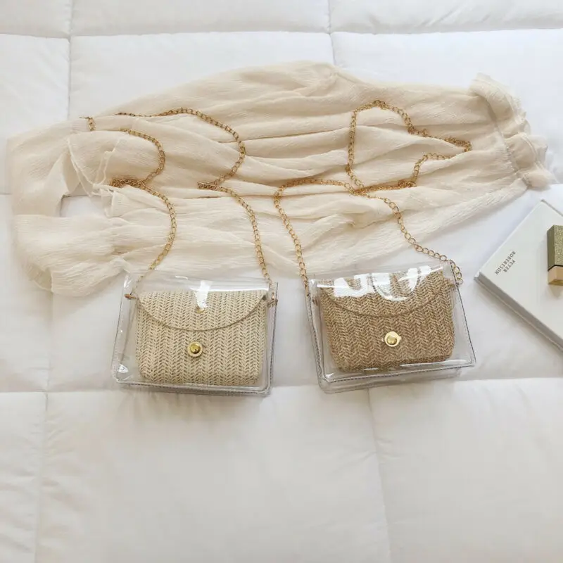 Ретро Винтаж женщины Лето Пляж Tote Сумочка Дамы ротанга соломенная желе сумка