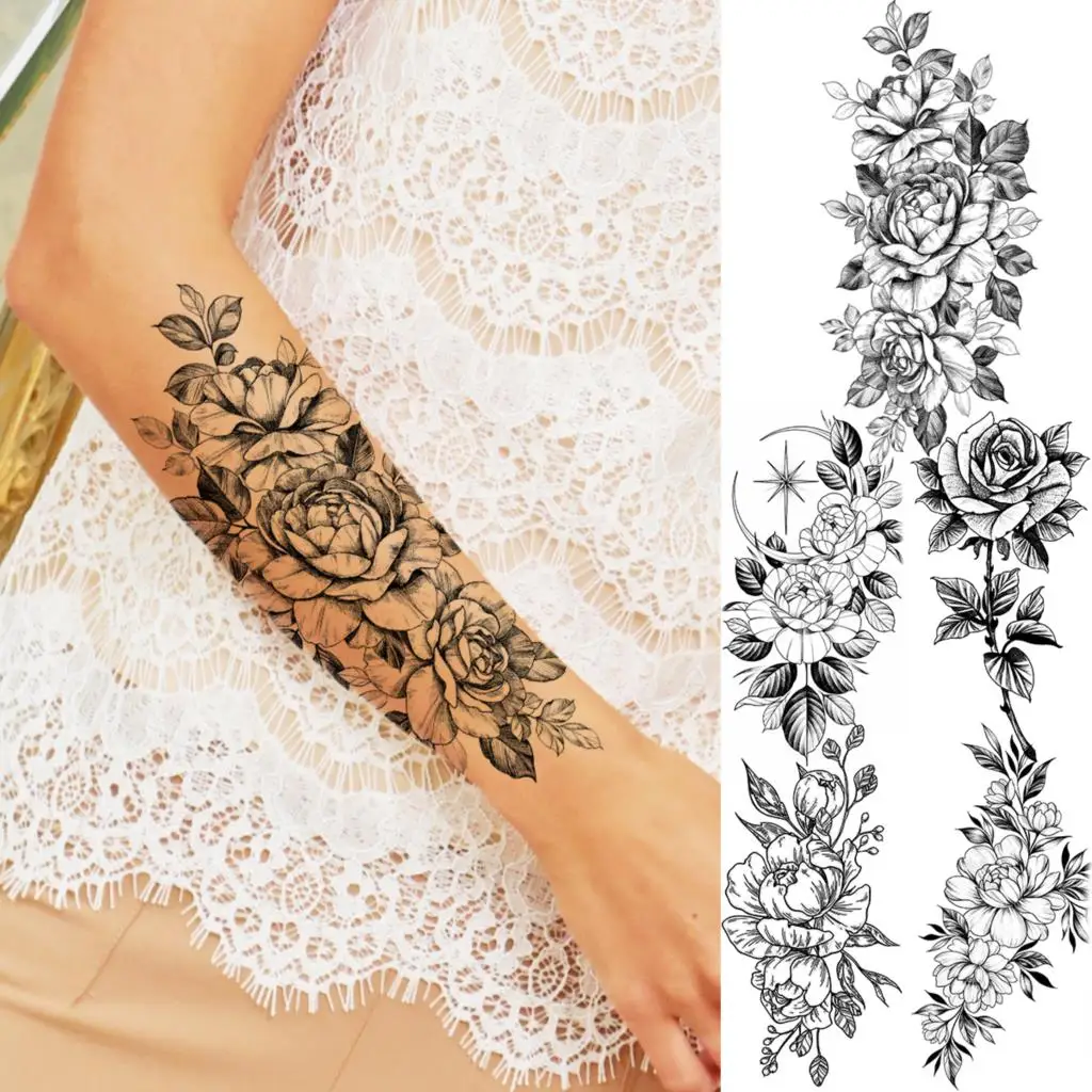 3D реалистичные временные татуировки с цветами розы для женщин взрослые пионы