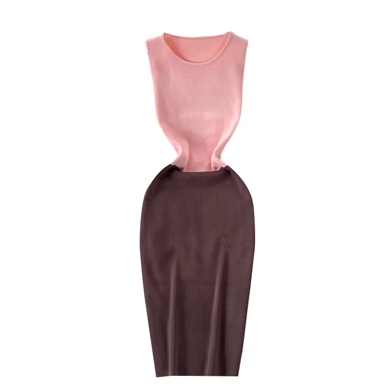 

ZAWAHIKI Elegant Elasticity Knitted Dress Women Summer O Neck Sleeveless Sexy Slim Bodycon Color Matching Dress Short Vestidos