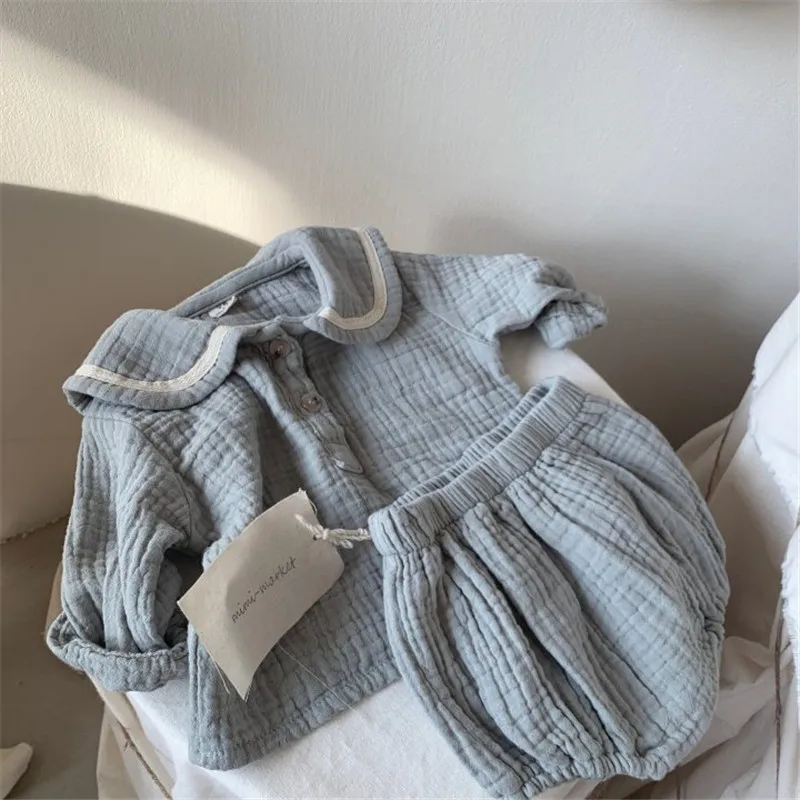 

Spring Autumn Romper Baby Boy Girl Clothes Set 0-24M Baby Cotton Linen Lapel Navy Style Long Sleeve Shorts Children's Sets