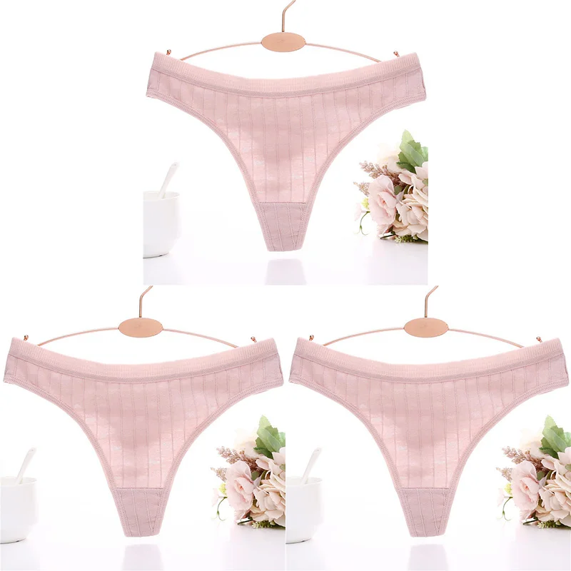pink 3pcs Модные хлопковые трусики-стринги с тиснением для женщин, нижнее белье, сексуальное женское нижнее белье, женские трусы с 3D полосками, хлопковые трусики-стринги - Цвет: pink 3pcs