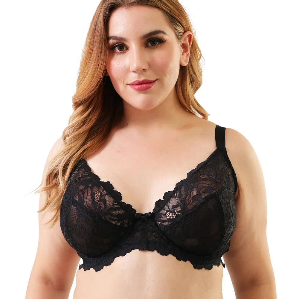 

Sexy Lingerie Embroidery Floral Lace Bra Women's Plus Size Full Coverage Bra Unlined Underwire Brassiere Perspective Bralette