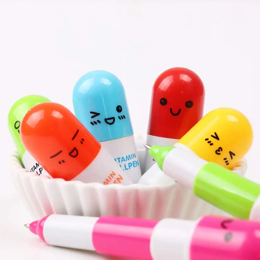 

12PCS Cute Smiling Face Pill Ball Point Pen Pencils Telescopic Vitamin Capsule Ballpen for School Office Supplies