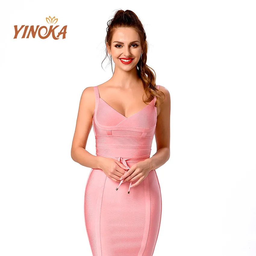 

Yinoka sexy pink bodycon bandage dress skinny women elegant draw string red golden blue cocktail dinner evening lady party cloth