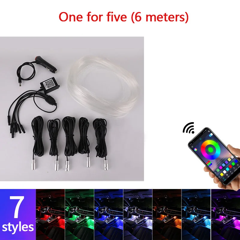 Car EL Neon Strip 6M Sound Control Light RGB LED Decorative Car Ambient Light Auto Atmosphere Lamps With A 12V Lighter&USB Line - Испускаемый цвет: 5 Light heads