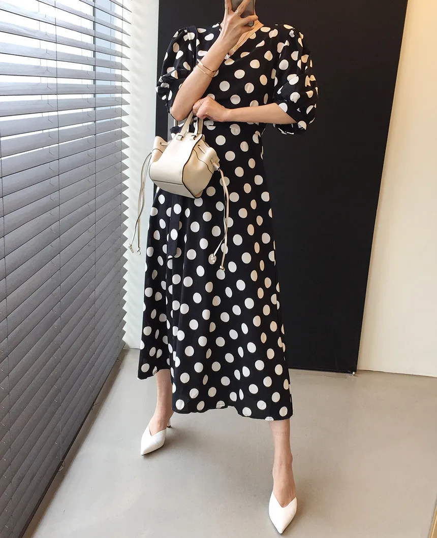 

French Style Vintage Polka Dot Dress Ladies' Puff Sleeve One Piece Elegant Dress Female Vestidos
