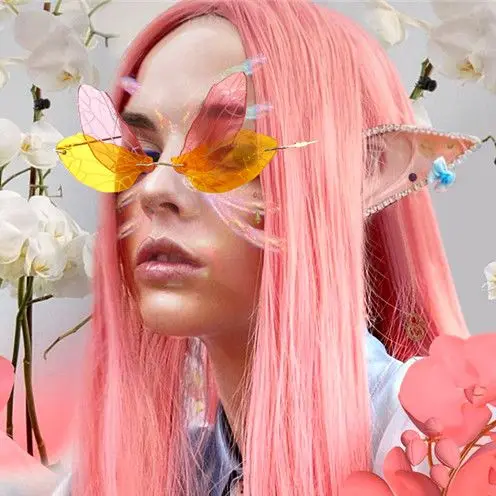 

Fashion Rimless Dragonfly Wing Sunglasses Women Vintage Clear Ocean Lens Eyewear Men Pink Yellow Sun Glasses Shades UV400 Oculos