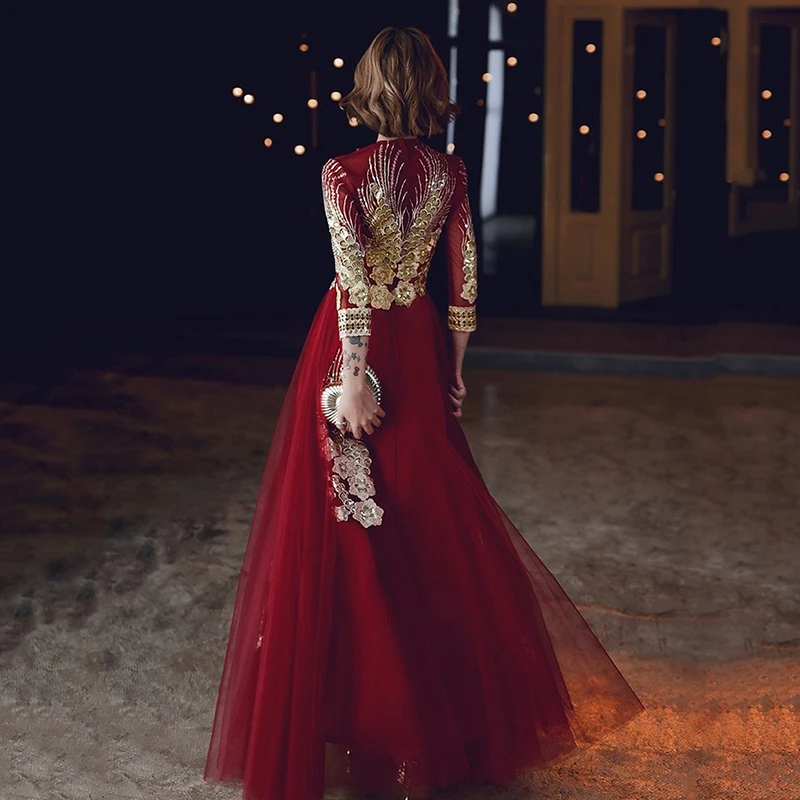 Модное женское осенне зимнее свадебное вечернее платье с длинными рукавами
