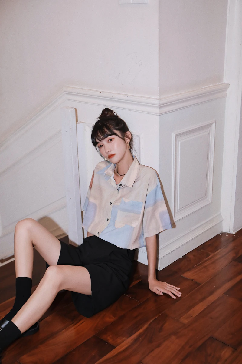 

Women Shirts Summer New Short Sleeve Button Loose Casual Vintage Streetwear Print Shirt Tops Female Harajuku Blouse