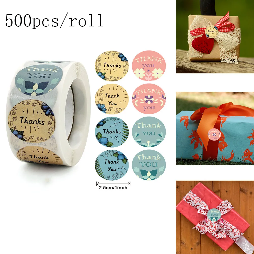 

500 Pcs/roll Colorful Flowers Thank You Label Stickers For Gift Card Package Party Wedding Holiday Wrapping Baking