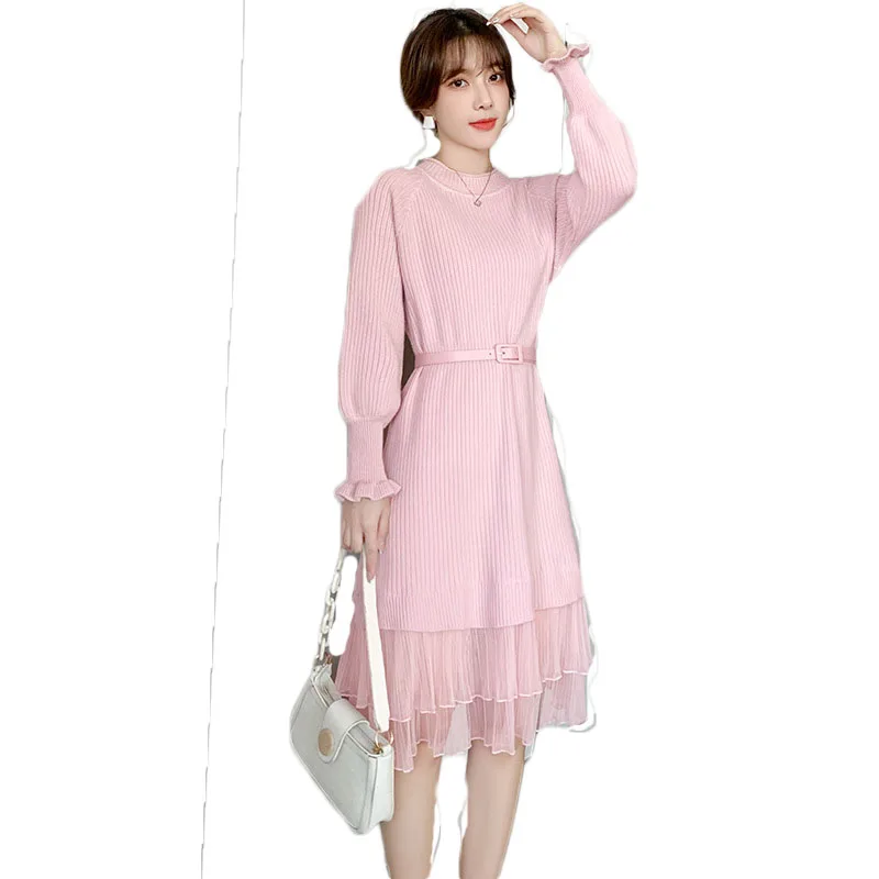 

Sweater Skirt Female Autumn 2021 New Self-Cultivation Over The Knee Knitted Ladies Temperament Splicing Mesh Dress M252