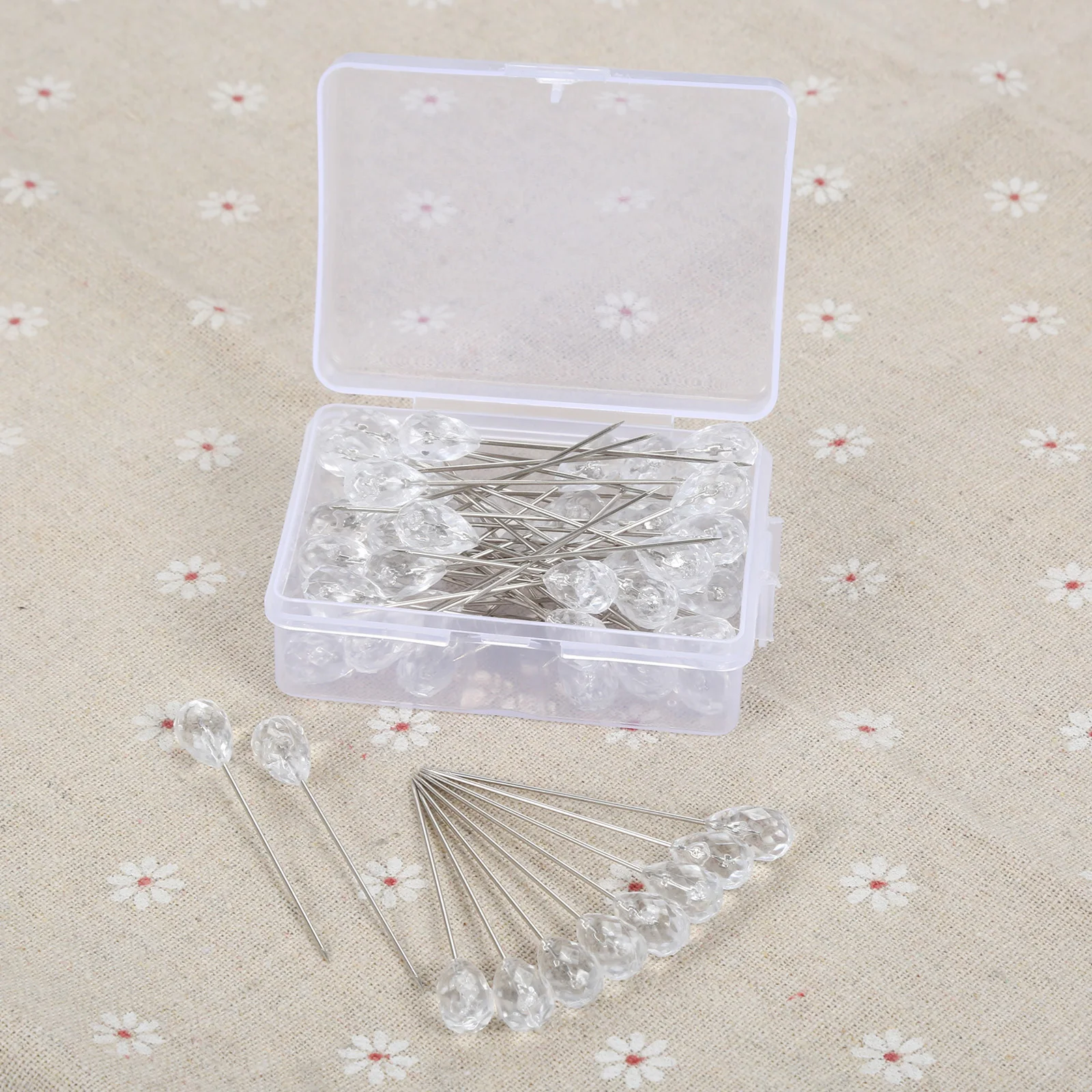 50Pcs Clear Diamond Sewing Garment Straight Pins Wedding Corsage Boutonniere Floral Bouquet Fixed Pin Thumbtack with Plastic Box images - 6